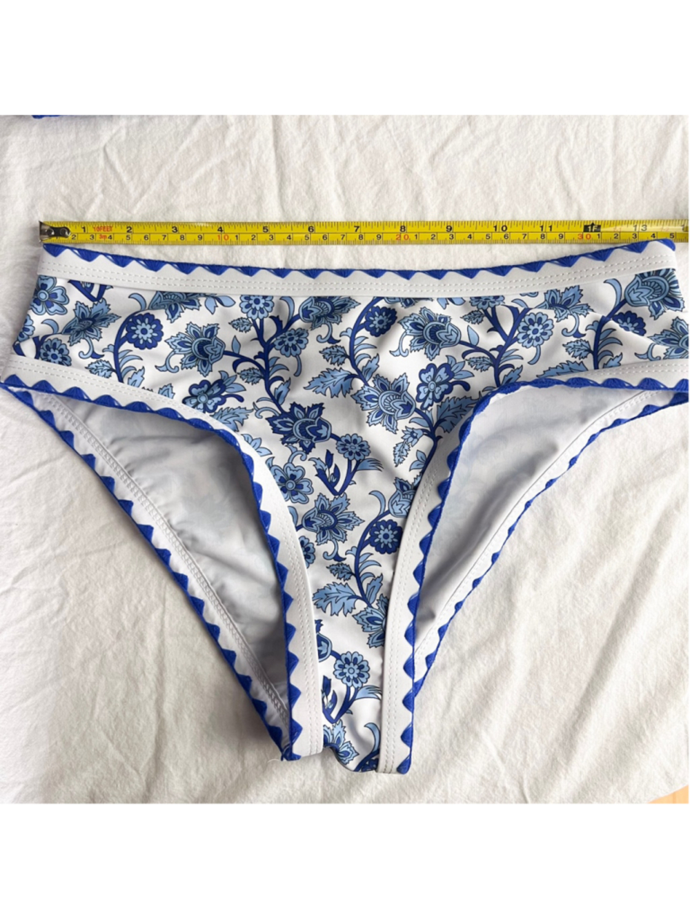 Blue White Floral One Shoulder Bikini Set Womens Sz M greek coastal cottagecore - Picture 6 of 8